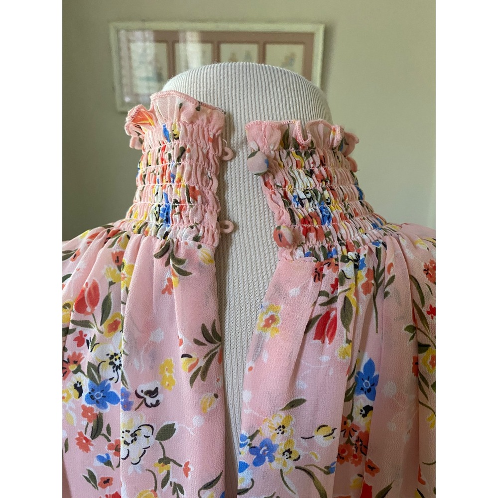 CODE X MODE Pink Floral Smocked High Neck Flutter Sleeve Shift dress XS Mini - Picture 8 of 9